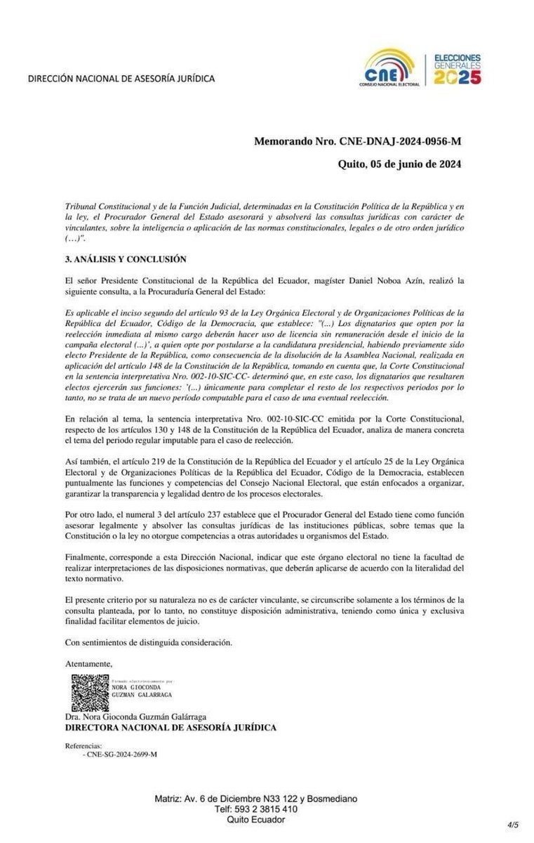 CarlosVerareal's tweet photo. El @cnegobec responde al Procurador sobre la consulta del Pdte. @DanielNoboaOk : 1.- No nos corresponde interpretar normas. 2.- Cita sentencia de la @CorteConstEcu que define lo entendido por reelección. 3.- Menciona el deber de interpretar la ley en su "literalidad". 4.- Deja claro el terreno para que el Procurador acepte la Tesis del Ejecutivo: no cabe pedir licencia pues no es reelección!