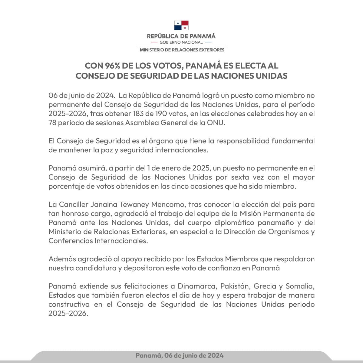 embpanamabel's tweet photo. Con 96% de los votos, Panamá 🇵🇦 es electa al Consejo de Seguridad de las Naciones Unidas. https://t.co/bVCL1Shwb0
