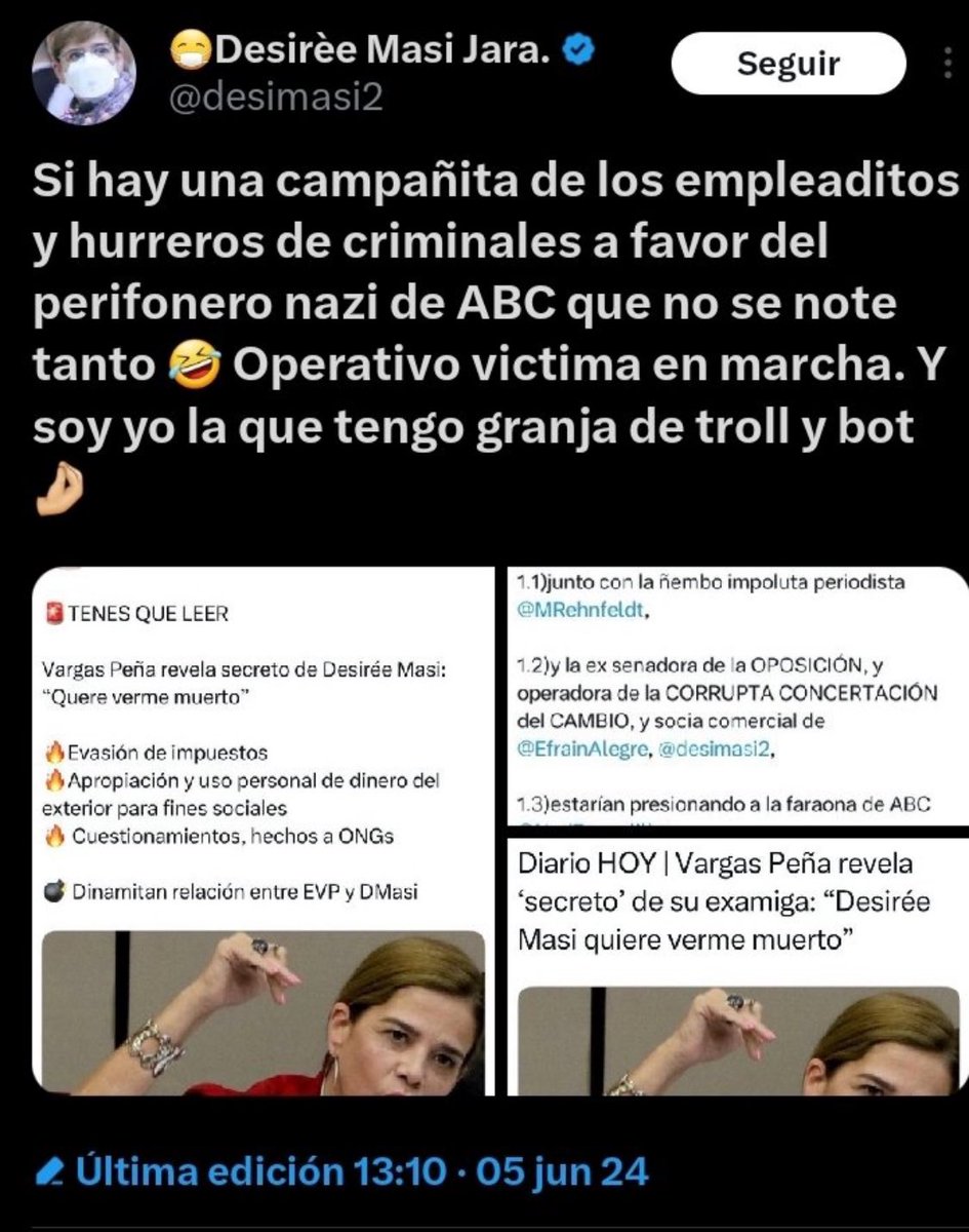 Esta Ex$enadora <a href="/desimasi2/">😷Desirée Masi Jara.</a> 
covilover corrupta, normie, adoctrinadora de imbéciles que nos encerró más de lo “normal” que quiso dividirnos con sus xakunas de mierda, 
que trató de censurar pensamientos críticos y eliminar la reputación de las  personas, que intentó borrarnos del