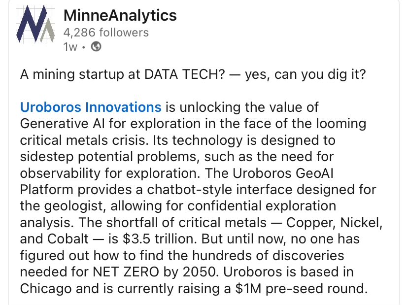 Uroboros Innovations (@uroborosexplore) on Twitter photo Come see our CEO <a href="/PurensPhD/">Kristopher Purens</a> present at the <a href="/MinneAnalytics/">MinneAnalytics</a> #DataTech2024 Startup Showcase tomorrow! Come see our CEO <a href="/PurensPhD/">Kristopher Purens</a> present at the <a href="/MinneAnalytics/">MinneAnalytics</a> #DataTech2024 Startup Showcase tomorrow!
