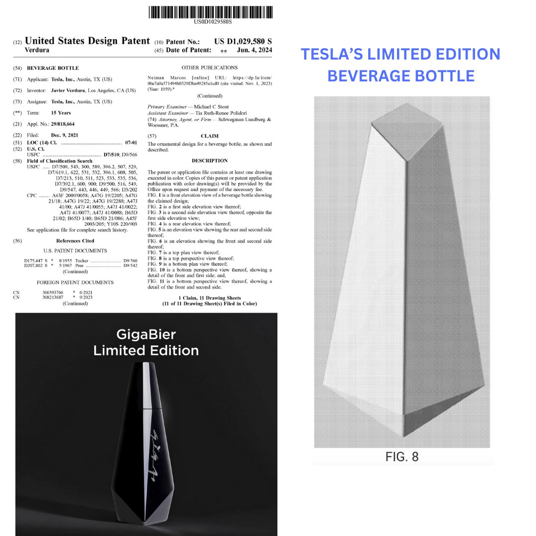 Tesla receives design patent related to a Cybertruck inspired beverage bottle - The GigaBier

US Design Patent D1,029,580

#tesla #beerbrands #patents