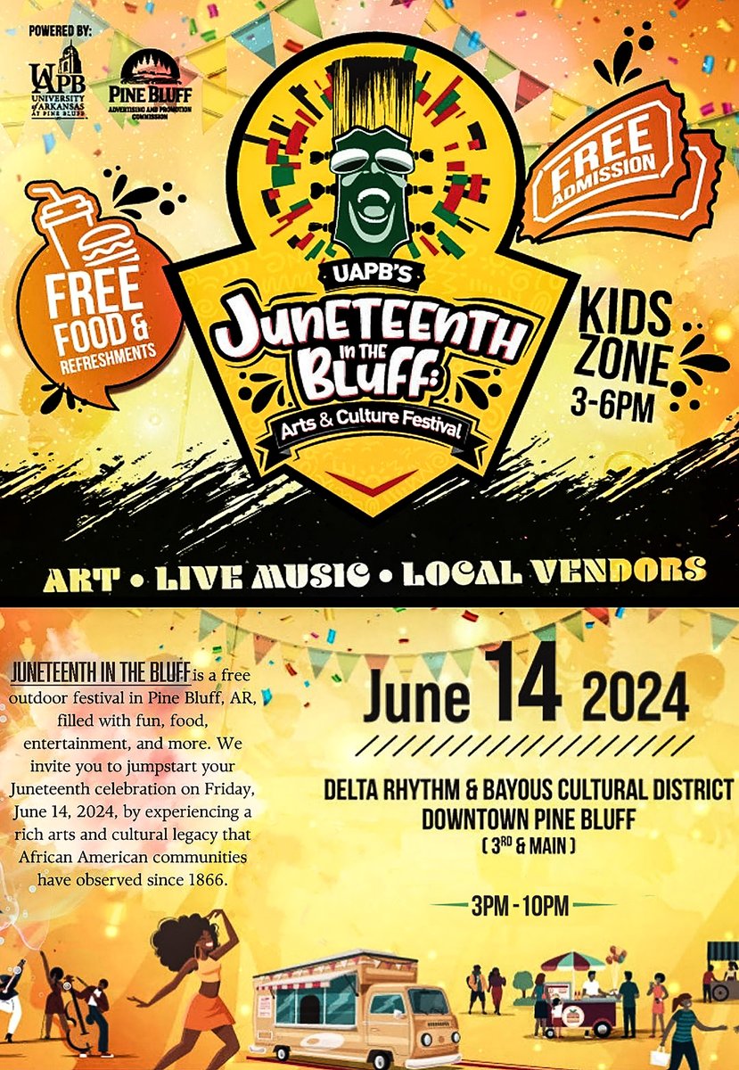 UAPB will host Juneteenth in the Bluff: Arts &amp; Culture Festival on June 14, 2024, 3:00pm to 10:00pm, in Pine Bluff, AR’s downtown Delta Rhythm and Bayous Cultural District (3rd &amp; Main). This free festival is sponsored by the Pine Bluff Advertising and Promotion  Commission.