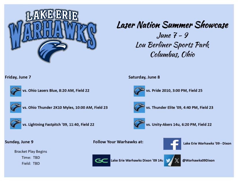 lucyhinners_11's tweet photo. Here’s what my team’s weekend looks like at the Lasers Nation Showcase. Let’s start off strong, Warhawks! 💙🩶 https://t.co/Upn2TBeo70