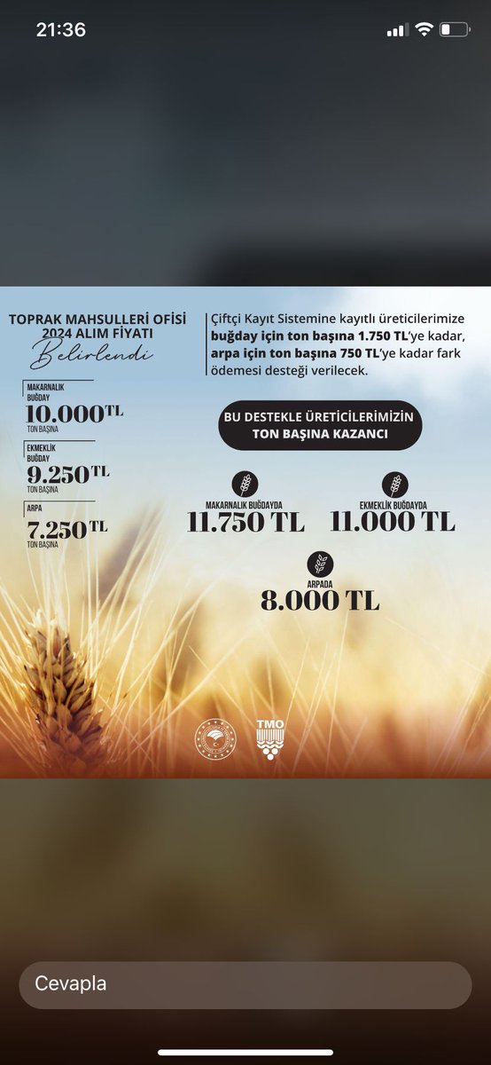 TMO 2024 alım fiyatları