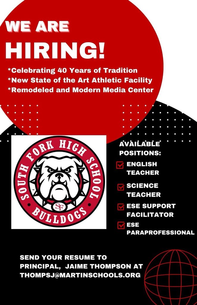 🎓 Ready to join an amazing team of educators? South Fork High School is hiring for the 24-25 school year! 🌟 Be a part of #BulldogNation and make a difference in students' lives. Apply today and help shape the future! 🏫📚 #ALLINMartin #BulldogPride🐾