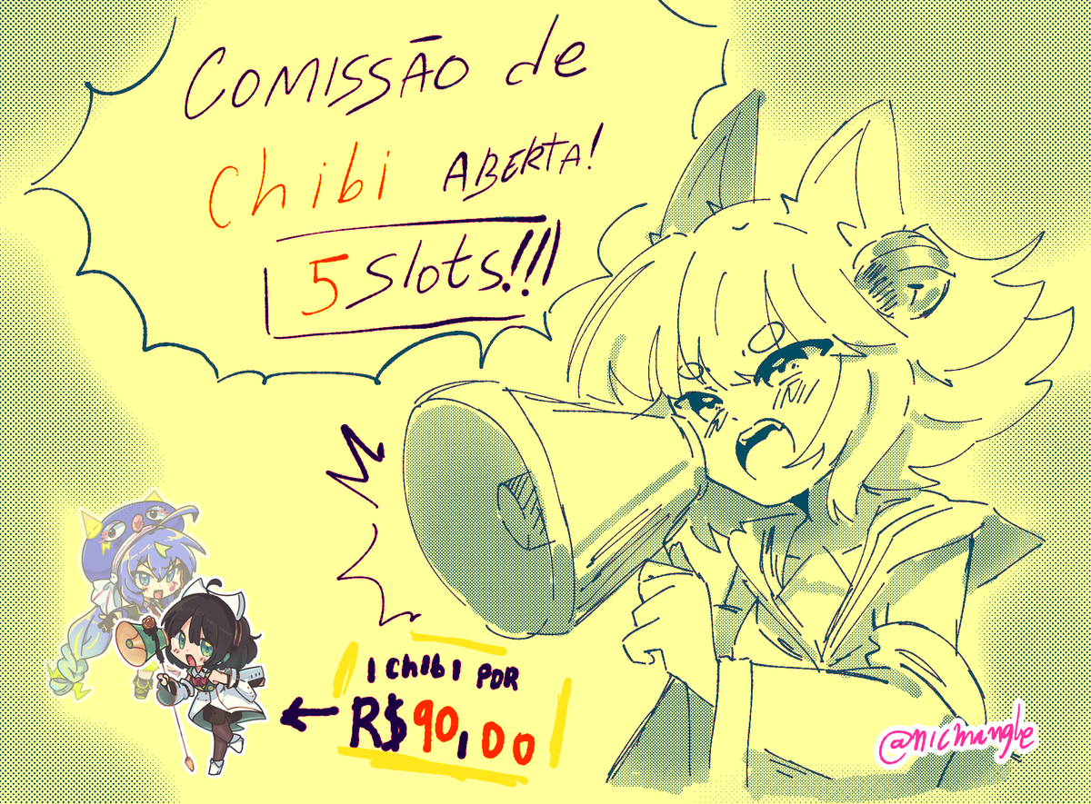 nicmangle's tweet photo. [COMISSÕES DE CHIBI ABERTA] [5 SLOTS]

Gente, estou abrindo uns slots de comissão de chibi por R$90,00.

Quem tiver interesse, só me chamar. Vou avisar também quando os slots acabarem. https://t.co/eF2nMDDt8H