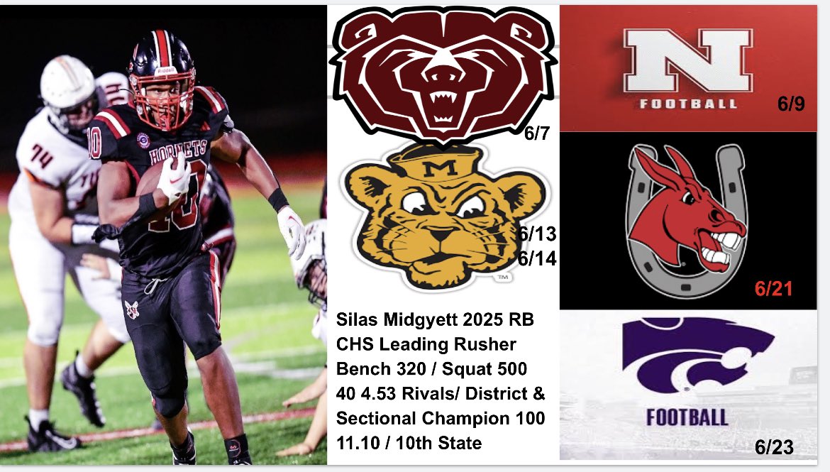 Silas Midgyett has a busy summer ahead of him. Below is his camp schedule. Silas has worked really hard this off season and his increase in max outs and his PR in his 40 and 100 meter prove it. Silas should be on your recruit board. <a href="/MidgyettSilas/">Silas Midgyett</a> <a href="/CoachEJbarthel/">EJ Barthel</a> <a href="/coachliddle/">Drew Liddle</a>