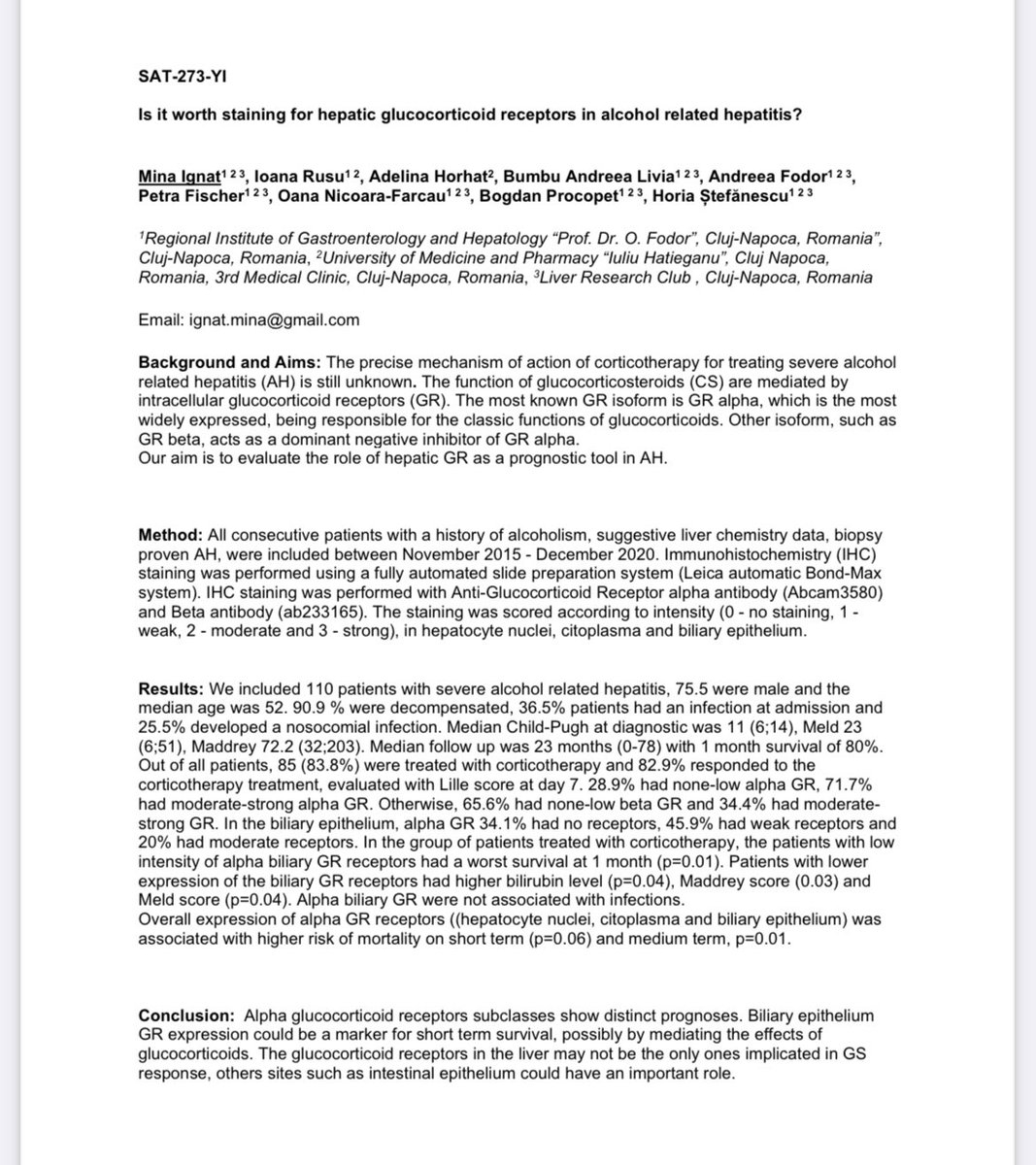 Hot topic 🚨

Are you at EASL Congress?
Do not miss you the poster SAT-273-YI of bright <a href="/MinaIgnat/">Mina Ignat</a>

Q: Is it worth staining for hepatic glucocorticoid receptors in alcohol related hepatitis?

Find out more Saturday 8 June 
<a href="/EASLedu/">EASL Education</a> <a href="/LiReC_cluj/">Liver Research Club</a> <a href="/horstef/">Horia Stefanescu</a>