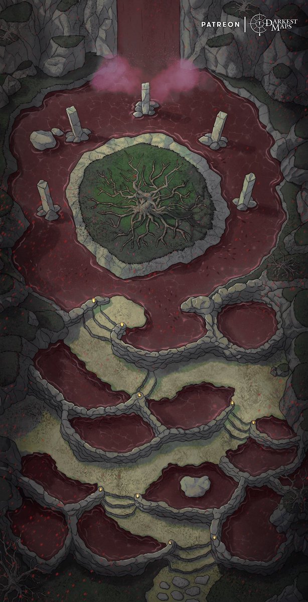 DarkestMaps's tweet photo. Venturing into the woods, you find not clear pools but a crimson horror. The waters are bloodied and red motes hover in the air, whispering. It’s the barren tree that calls to you. But beware, for reaching it, each step could be your last amidst pools hiding unimaginable dangers. https://t.co/hs5pDyMRip