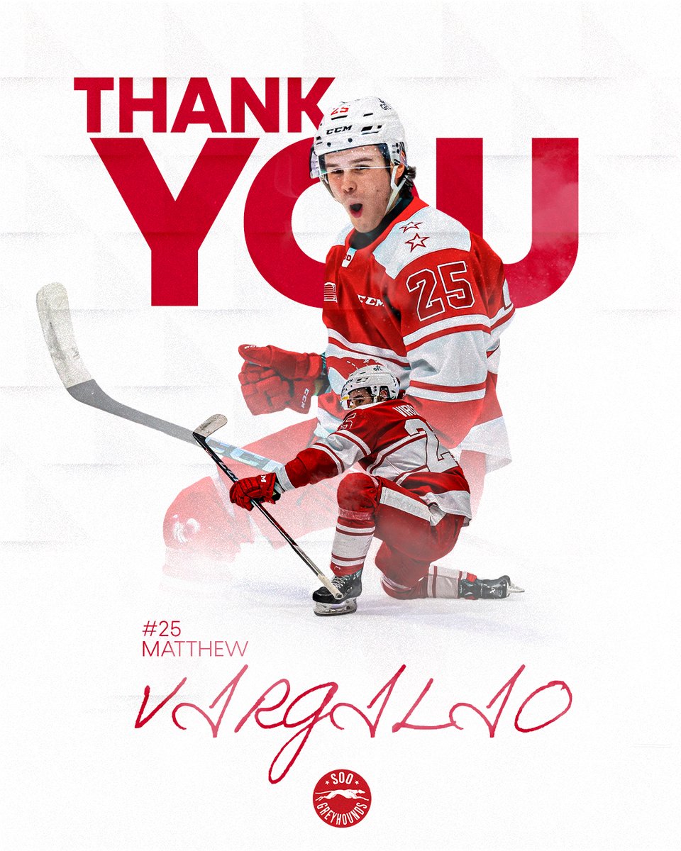 On behalf of the Soo Greyhounds, we wish Matthew Virgilio nothing but the best. 
Your presence on and off the ice will not be forgotten.
Thanks for the memories #25! 🫡