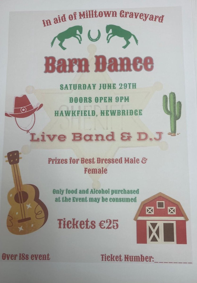 Barn Dance in aid of the Milltown Graveyard Fund. Tickets available from the organising committee, parish office or Milltown school. Please support 🤠 🎸 <a href="/MilltownGAA/">Milltown GAA</a>