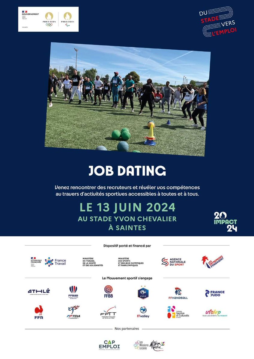 🔵 Inscription obligatoire via son conseiller France Travail 📌 
JEUDI 13 JUIN au Stade Yvon Chevalier à SAINTES