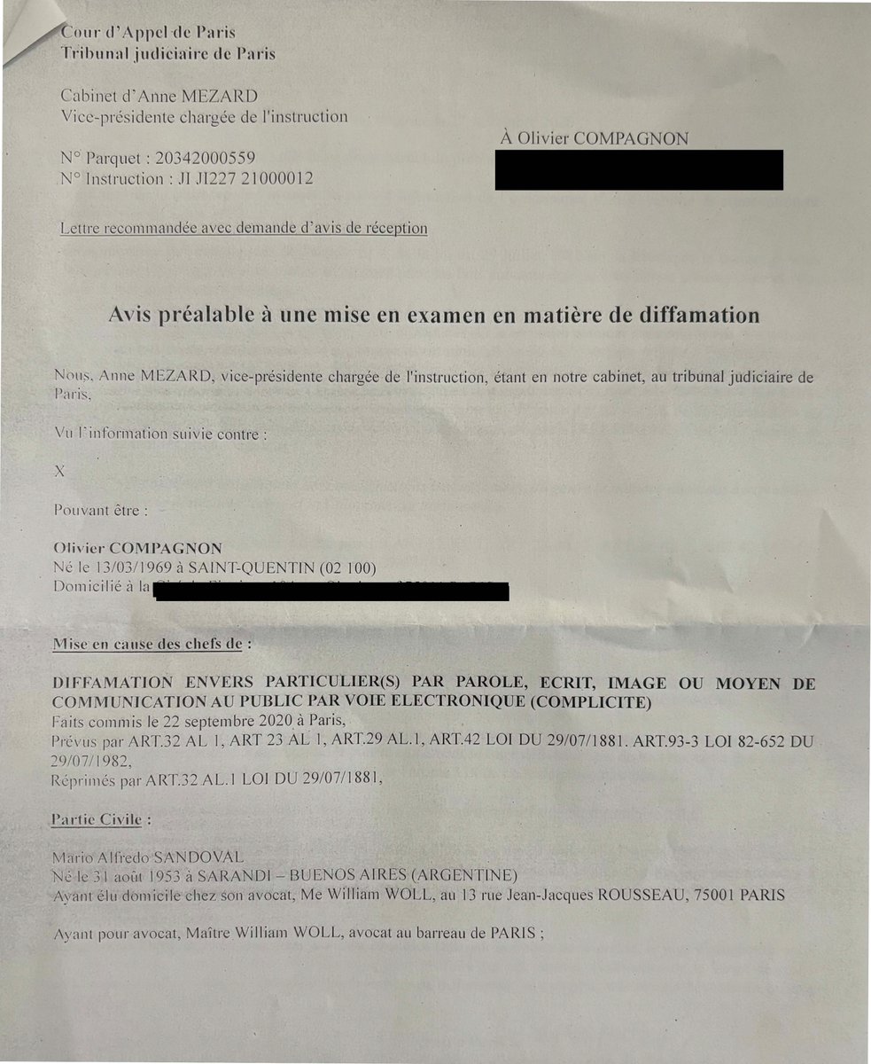 CompagnonO's tweet photo. 1) Bonheur de rentrer chez soi et de trouver un "avis préalable à une mise en examen en matière de diffamation". Le plaignant? Mario Sandoval, bourreau de la dictature argentine, qui croupit en prison à Buenos Aires pour crimes contre l'humanité

@IHEAL_CREDA @Sorbonne_Nvelle https://t.co/y35ZYgnsFY