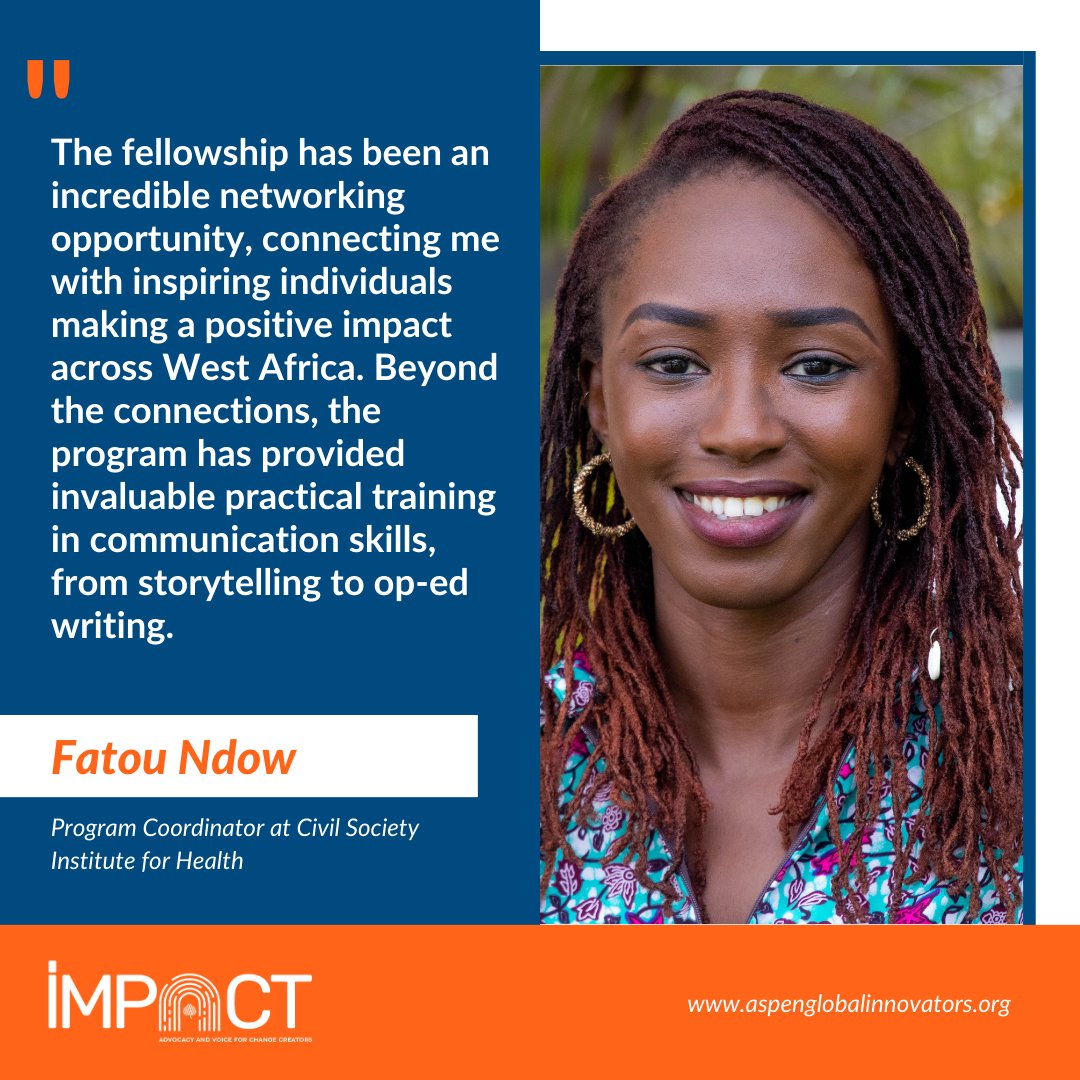 The Aspen Institute (@aspeninstitute) on Twitter photo Applications for the Impact West Africa Fellowship, a year-long program by <a href="/aspeninnovators/">Aspen Global Innovators Group</a> offering communications and advocacy training for West African leaders, are closing soon!
Learn more and apply: aspenglobalinnovators.org/programs/impac…
#WestAfrica
#ImpactWestAfricaFellowship Applications for the Impact West Africa Fellowship, a year-long program by <a href="/aspeninnovators/">Aspen Global Innovators Group</a> offering communications and advocacy training for West African leaders, are closing soon!
Learn more and apply: aspenglobalinnovators.org/programs/impac…
#WestAfrica
#ImpactWestAfricaFellowship