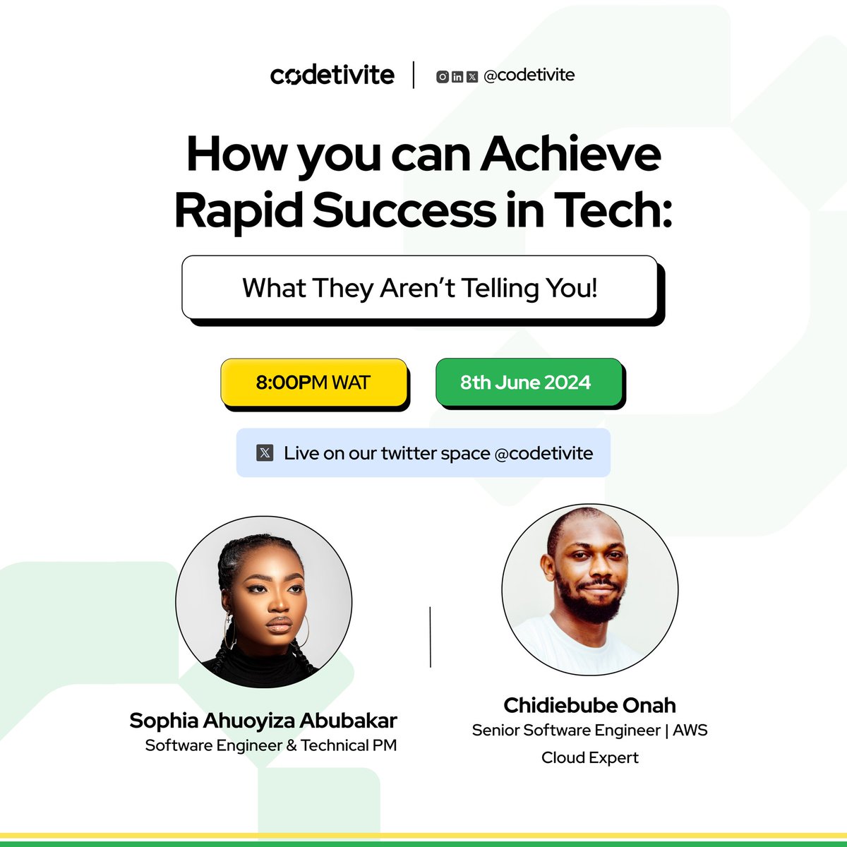 codetivite's tweet image. Meet our speakers 🎉🎉🎉
@Ahuoyiza_ and @chidiebube_ 
•
Don’t forget to mark your calendars for 8pm on Saturday so you can learn, unlearn and relearn.