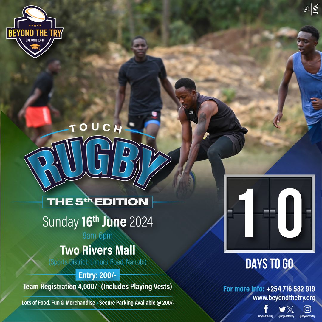 beyondthetry's tweet photo. 10 Days to BTT
Tell a Friend to Tell a Friend or Two
It's going to be maaaadddddd
Sun 16th June 2024
Two Rivers Mall, Sports District
Tickets going for 200/= Only
#BeyondtheTry
#LifeAfterRugby
#BTTat5 https://t.co/6N1m3MAEnM