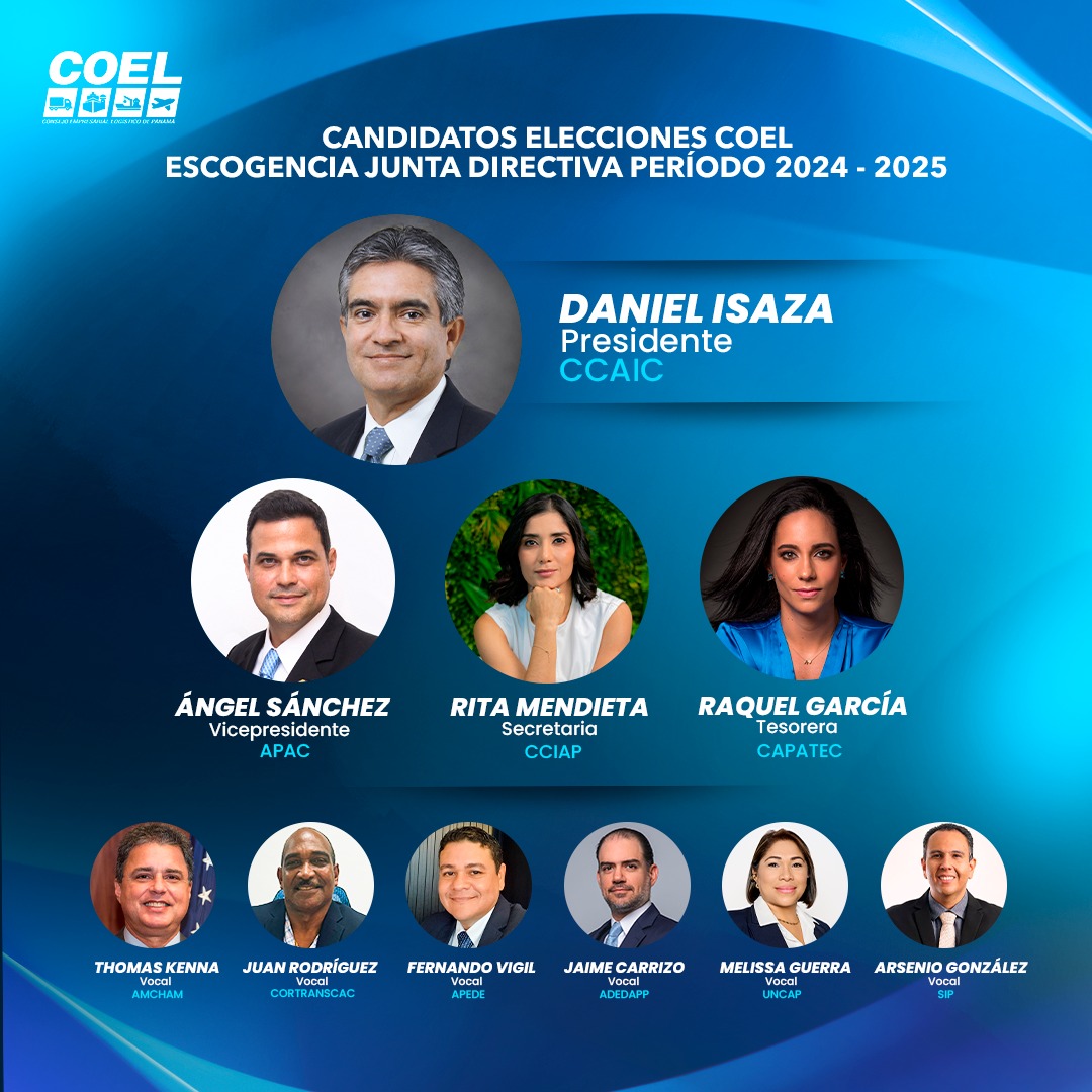 Les presentamos a los candidatos para la escogencia de la Junta Directiva del Consejo Empresarial Logístico para el período 2024-2025

#COEL #coelpanama #panama #somoscoel

<a href="/auzonalibre/">AU Zona Libre Colón</a>
@armadorespa
<a href="/apacpty/">Apac Panamá</a>
@bascpanama
@apedeorg
@gs1panama
<a href="/capatec/">CAPATEC PANAMA</a>
<a href="/panamcham/">AmCham Panama</a>
@apeca_
