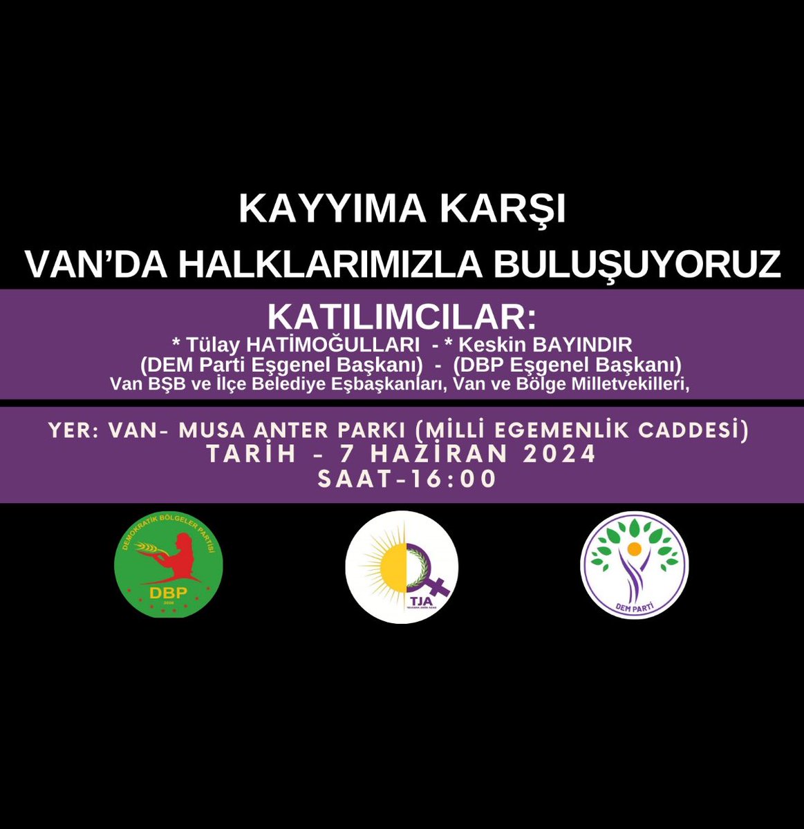 neslihansedal65's tweet photo. Kayyımlara karşı halklarla buluşuyoruz!
Yarın Saat 16:00’da Musa Anter Parkı’ındayız. 
#KayyimaGeçitYok https://t.co/cu9jlPZkhS