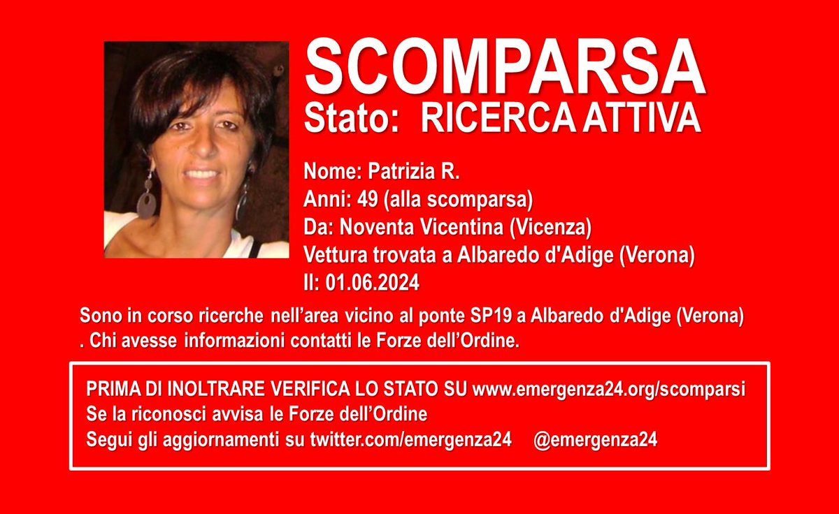 Emergenza24's tweet photo. [06.06-21:00] Si cercano informazioni su una donna (49 anni) #scomparsa il 01.06.2024 da #Noventa Vicentina (#Vicenza) ma auto ritrovata ad #Albaredo D’Adige (#Verona)

👉Chi avesse notizie contatti le Forze dell’Ordine
Informazioni e aggiornamenti: https://t.co/QVOpFGm4yN

Per le ultime notizie iscriviti al canale dedicato di #Emergenza24 https://t.co/cMAVbPc9y1