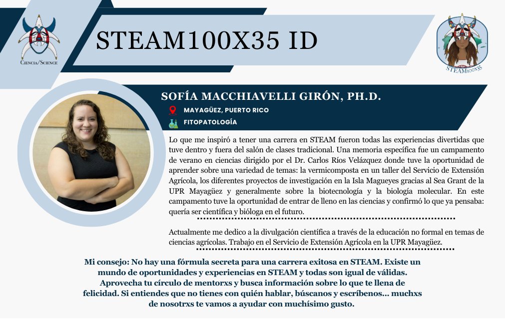 STEAM100x35 (@steam100x35) on Twitter photo ¡Feliz Jueves! 🎉 Hoy, resaltamos a la Dra. Sofía Macchiavelli Girón (<a href="/sofiamacgiron/">Dr. Sofía Macchiavelli Girón</a>), quien nos dice: “No hay una fórmula secreta para una carrera exitosa en STEAM. Aprovecha tu círculo de mentorxs y busca información sobre lo que te llena de felicidad...” 🎉🇵🇷💪🏽 #PRWomenInSTEAM ¡Feliz Jueves! 🎉 Hoy, resaltamos a la Dra. Sofía Macchiavelli Girón (<a href="/sofiamacgiron/">Dr. Sofía Macchiavelli Girón</a>), quien nos dice: “No hay una fórmula secreta para una carrera exitosa en STEAM. Aprovecha tu círculo de mentorxs y busca información sobre lo que te llena de felicidad...” 🎉🇵🇷💪🏽 #PRWomenInSTEAM