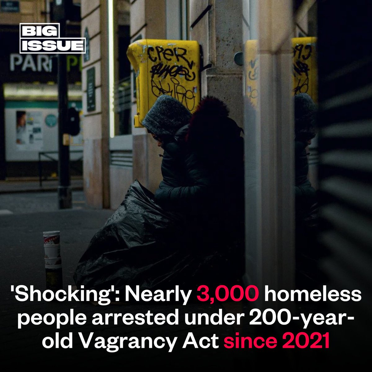 BigIssue's tweet photo. Almost 3,000 people experiencing homelessness have been punished under the Vagrancy Act since 2021 – despite a Tory promise to scrap the 200-year-old law that criminalises rough sleeping. 📜🚔

@LGeraghty23 reports. ⬇️
https://t.co/sPgPPfA9P6 https://t.co/rIngfUjjoh