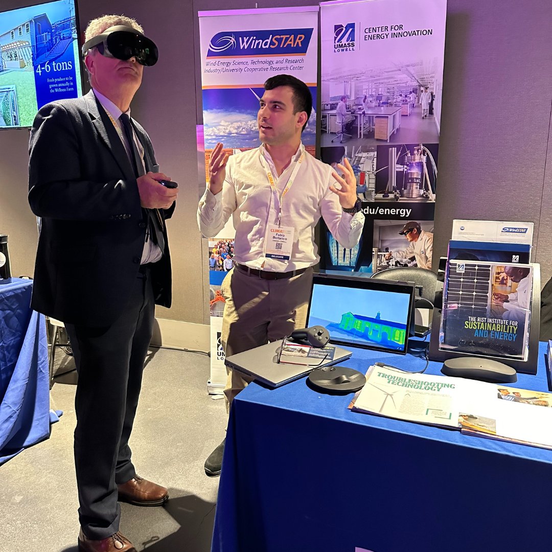 SustainableUML's tweet image. At @ClimaTechLive, @UMassLowell Professor Alessandro Sabato from @UMLEngineering &amp;amp; Ph.D students Nitin Kulkarni and Fabio Bottalico showcased how their #infrared camera #drone captures thermal images to create a map that helps us identify #heat loss in buildings. #climatechlive