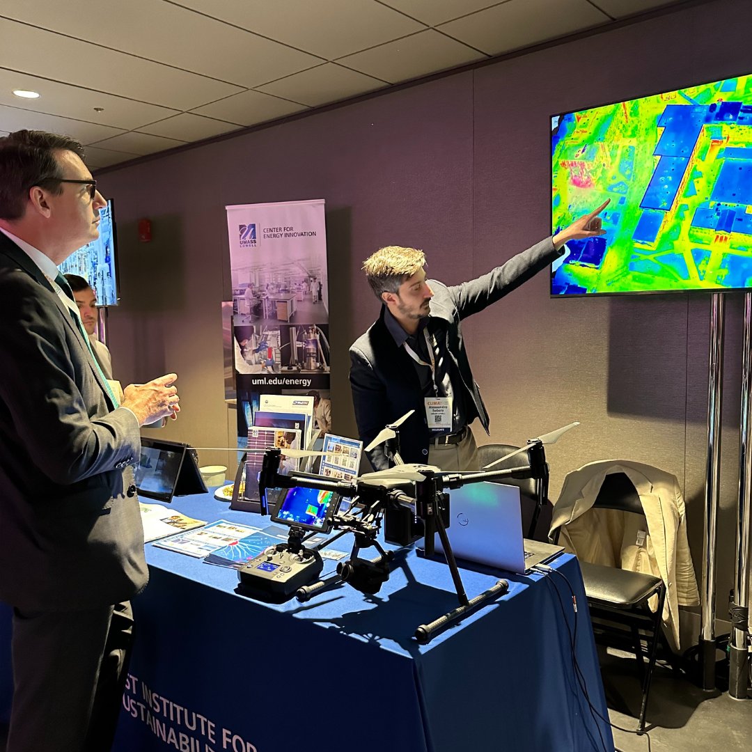 SustainableUML's tweet image. At @ClimaTechLive, @UMassLowell Professor Alessandro Sabato from @UMLEngineering &amp;amp; Ph.D students Nitin Kulkarni and Fabio Bottalico showcased how their #infrared camera #drone captures thermal images to create a map that helps us identify #heat loss in buildings. #climatechlive