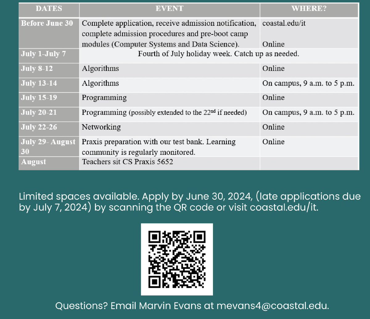 Attention SC Computer Science Teachers (current and aspiring)!
Coastal Carolina University, in collaboration with the SC Department of Education, is sponsoring a FREE summer computer science boot camp! See pics for details.  <a href="/DenisecWright/">Denise Staffa-Wright</a> <a href="/MISTER_B_Cohens/">MiSTER Brantay Q. Cohens, M.Ed</a>