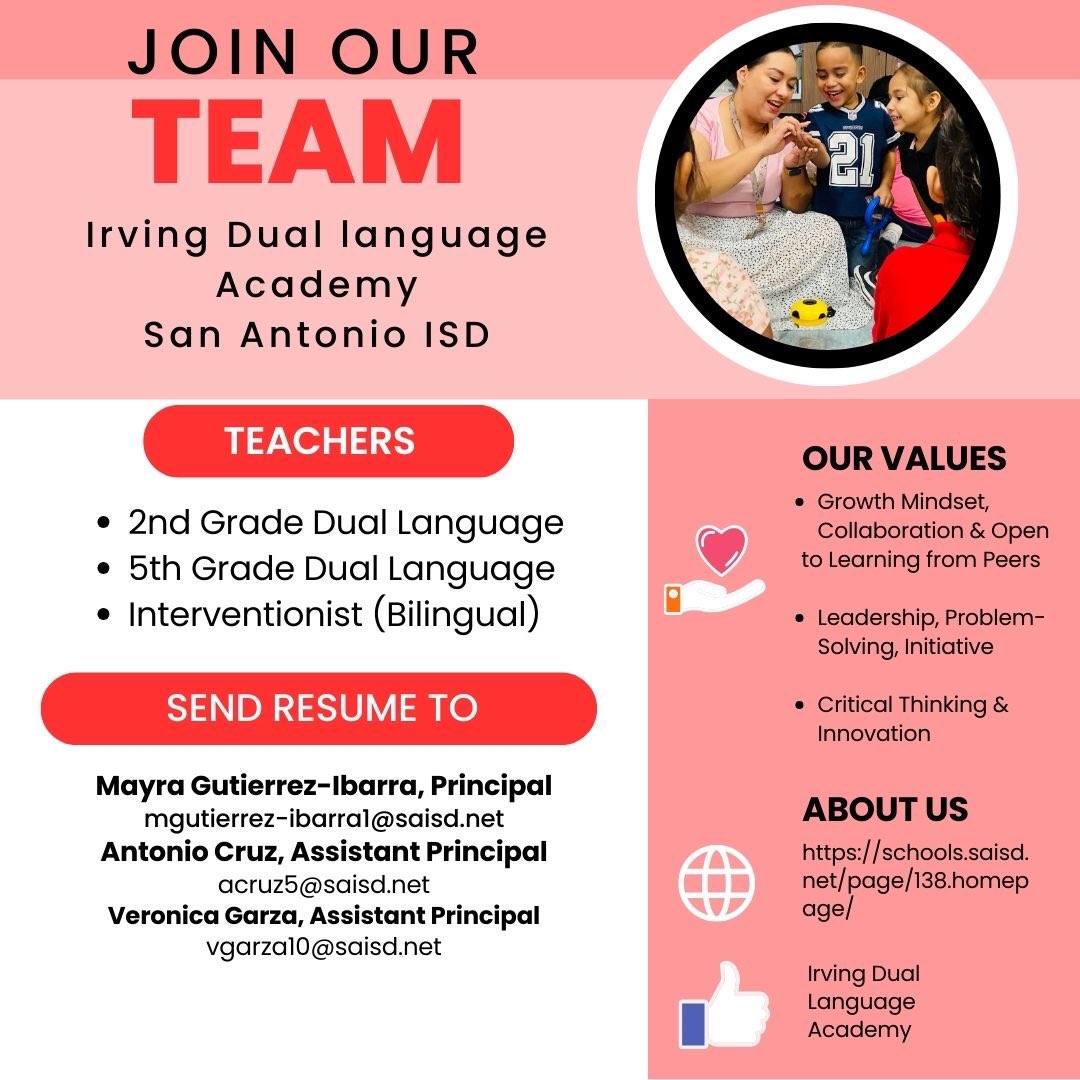 Mayra Gutierrez-Ibar (@adelantemayra) on Twitter photo Looking for amazing individuals to join our <a href="/IrvingDLA/">Irving DLA</a> familia. <a href="/UTSADualLangLab/">UTSA Dual Language Community Lab Schools</a> <a href="/SAISD/">San Antonio ISD</a> Looking for amazing individuals to join our <a href="/IrvingDLA/">Irving DLA</a> familia. <a href="/UTSADualLangLab/">UTSA Dual Language Community Lab Schools</a> <a href="/SAISD/">San Antonio ISD</a>