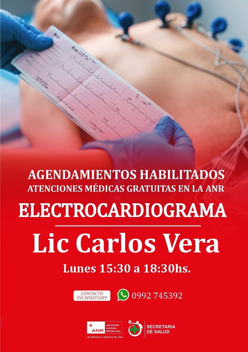 ANRParaguay's tweet image. Secretaria de la Salud de la ANR, habilita el servicio de Electrocardiograma, sin costo alguno.
Informaciones y agendamiento solo vía Whatsapp, de lunes a viernes al número de teléfono (0992) 745 392
#UnPartidoAlServicioDelPais