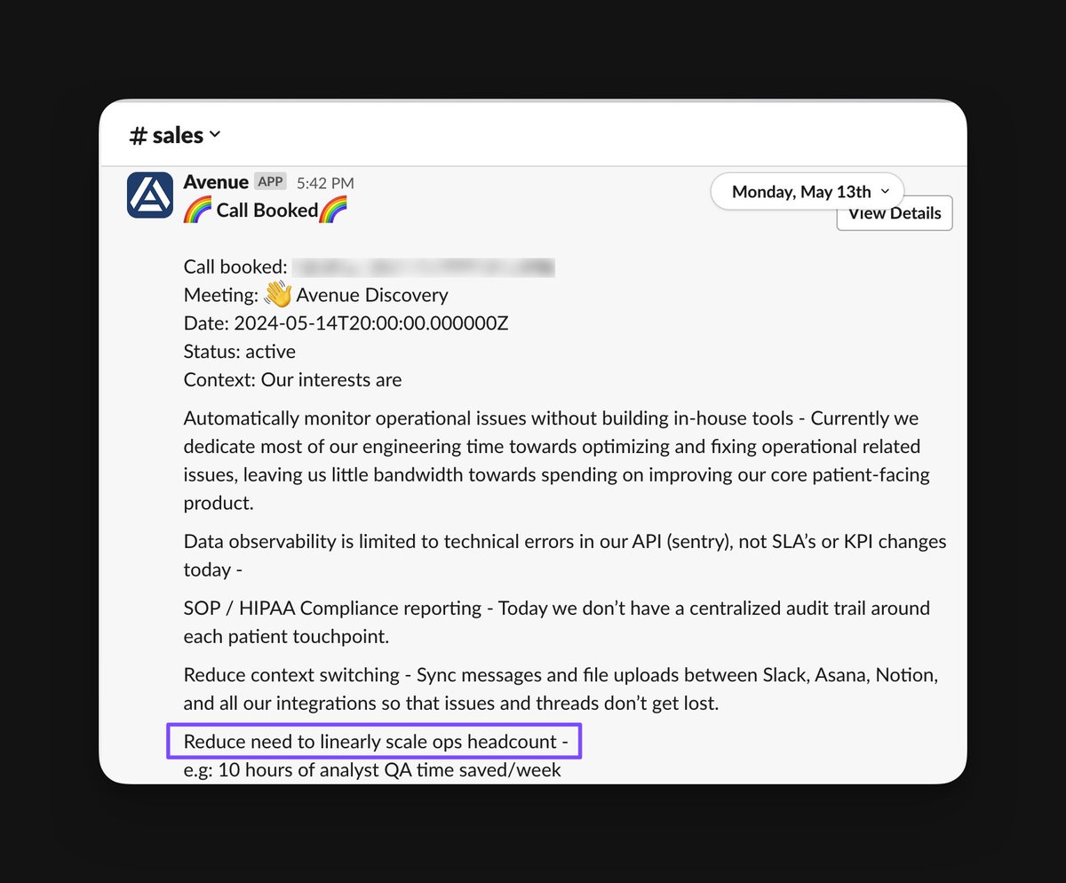 Nailed it 🫡🫡🫡 

Reduce the need to scale ops linearly with <a href="/UseAvenue/">Avenue</a> 
 
and yes we use Avenue to get alerted in Slack when ppl book sales calls