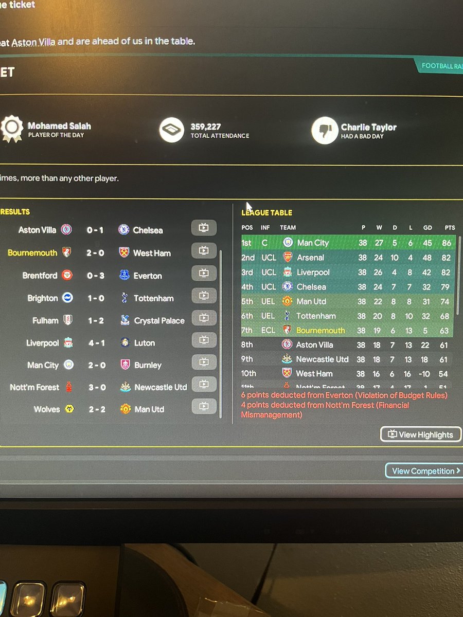 First Season with Bournemouth and we have European Football! LETS GO!!! 
Results thankfully went our way as we were 9th before the last game of the season kicked off! Honestly so happy right now