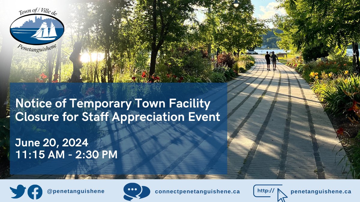 📢#Notice: The Town of Penetanguishene offices will be closed on June 20, 2024, from 11:15 am – 2:30 pm for an annual Staff Appreciation Event.
For full details, please visit: penetanguishene.ca
