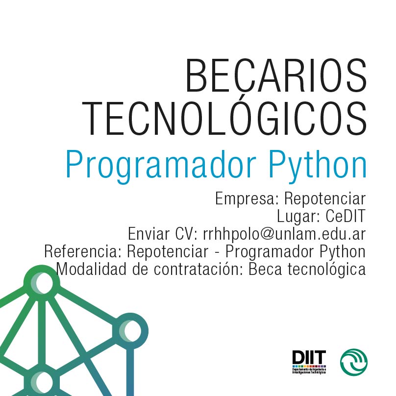 DiitUnlam's tweet photo. La empresa Repotenciar está en la búsqueda de alumnos de Ingeniería Informática o Electrónica, para desempeñarse como programadores de Python en el CeDIT 💻
👉 Mirá los requisitos y enviá tu CV a rrhhpolo@unlam.edu.ar
#becas #ingenieria #python #programador #diitunlam #cedit https://t.co/P7dEsCKkB5