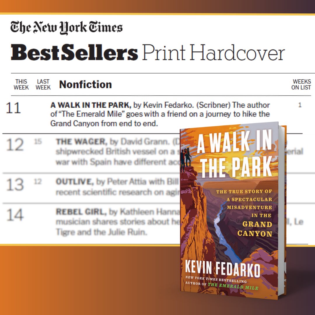 Kevin Fedarko (@kevinfedarko) on Twitter photo I’m deeply grateful to everyone who pre-ordered “A Walk in the Park” or purchased it during its first week - as well as to Outside Magazine, American Rivers, Peter McBride the fine folks at Scribner Books and everyone else who has been spreading the world about this story. I’m deeply grateful to everyone who pre-ordered “A Walk in the Park” or purchased it during its first week - as well as to Outside Magazine, American Rivers, Peter McBride the fine folks at Scribner Books and everyone else who has been spreading the world about this story.