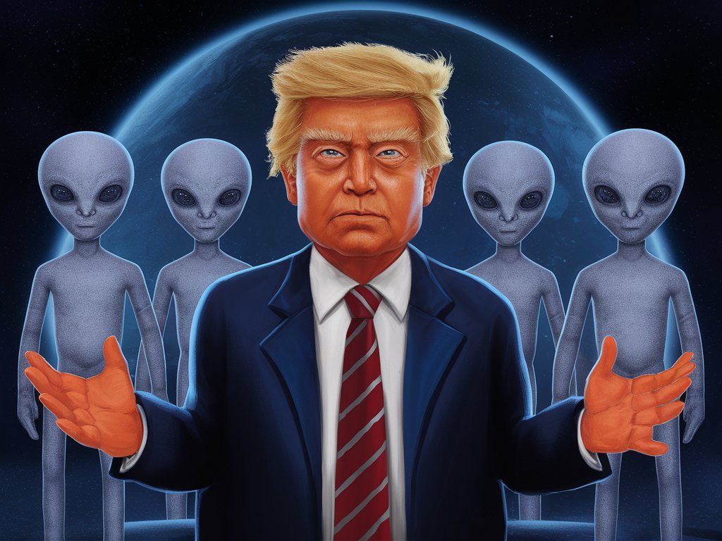 UaUnknown's tweet photo. Ai piece:
“Four way Split” Fake News 📰
Aliens arrive, offering to save Earth. Among them, a figure resembling Donald Trump steps forward, sparking curiosity and debate. #AlienTrump #EarthSaved
#Ai #Art #AiArt #Solana #Memecoin https://t.co/66skG85NSL