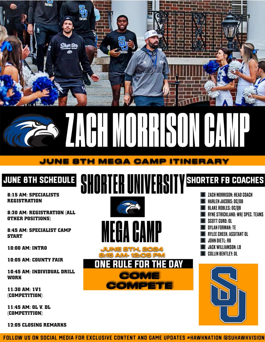 Saturday Camp Itinerary 

Looking forward to seeing you all here! 

Still room to SIGN UP! 40+ Colleges 

…hmorrisonfootballcamps.totalcamps.com