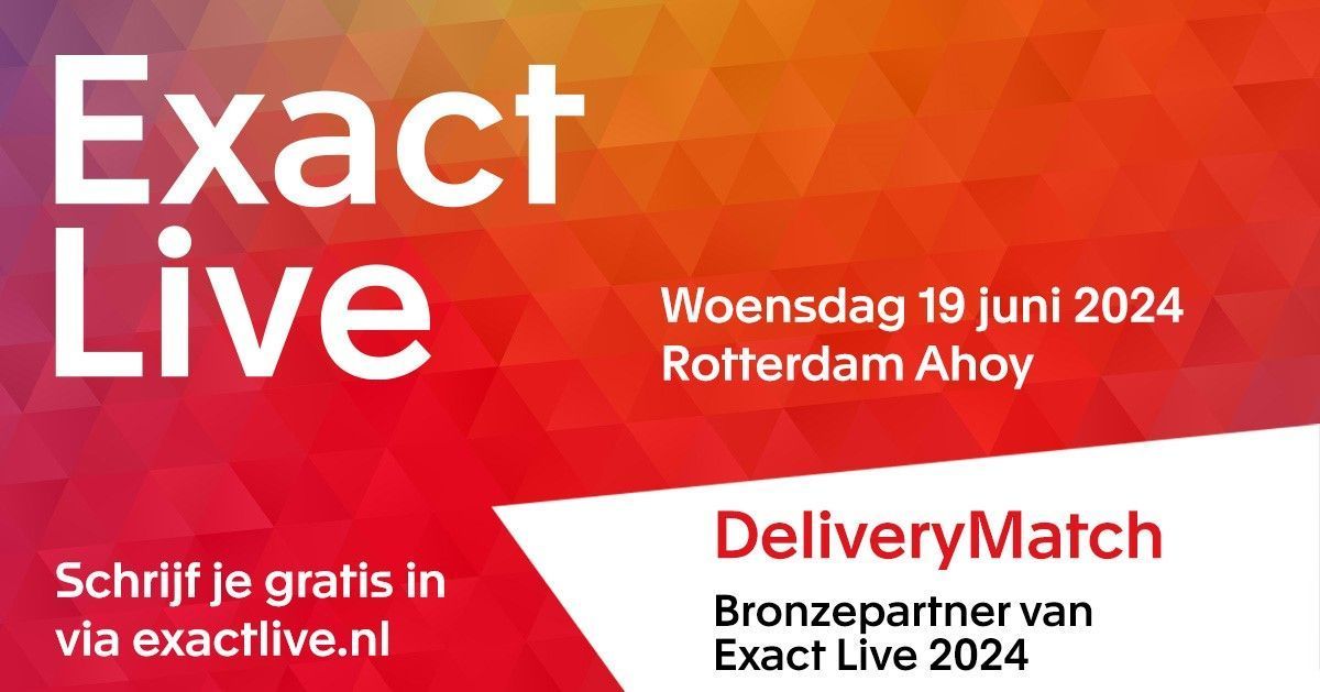 𝐉𝐨𝐢𝐧 𝐮𝐬 𝐚𝐭 𝐭𝐡𝐞 𝐄𝐱𝐚𝐜𝐭 𝐋𝐢𝐯𝐞 𝐞𝐯𝐞𝐧𝐭 𝐢𝐧 𝐑𝐨𝐭𝐭𝐞𝐫𝐝𝐚𝐦 𝐀𝐡𝐨𝐲 𝐨𝐧 𝐖𝐞𝐝𝐧𝐞𝐬𝐝𝐚𝐲, 𝐉𝐮𝐧𝐞 𝟏𝟗𝐭𝐡!
 DeliveryMatch is excited to be part of this event to connect with Exact Online and Exact Globe users.