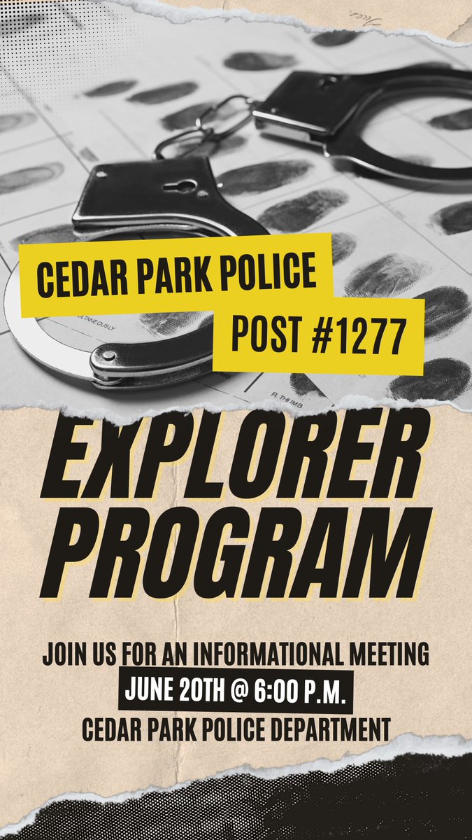 CedarParkPD's tweet photo. ๐นCALLING ALL YOUNG ADULTS AGES 14-20!๐น
Curious about a career in law enforcement, leadership development, and character building?
Come learn about our Explorer Program!
๐๏ธThursday, June 20th
โฐ6:00 p.m.
๐Cedar Park Police Dept. (911 Quest Pkwy)
See you there!
#PoliceExplorer https://t.co/ANtDoTCvJo