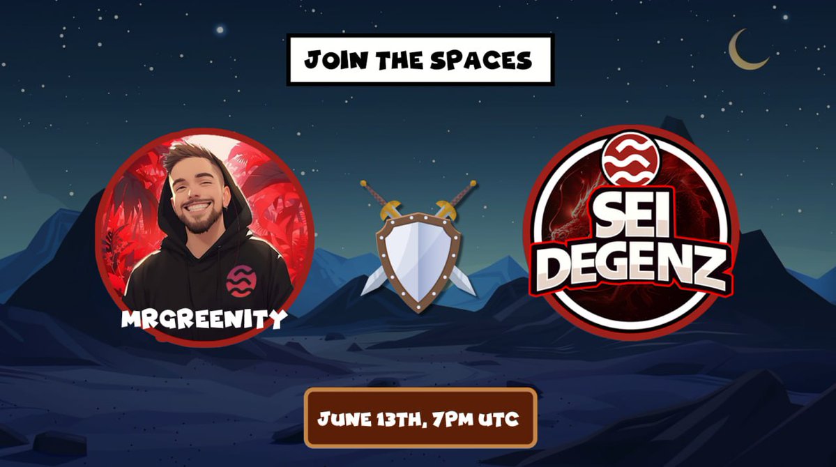 DegenzDragons's tweet photo. Join us for a Spaces with $SEI legend @MrGreenity 🔥 

📅 13th June, 7 PM UTC   

⚔️ We'll be discussing all things Sei Degenz: 
⚔️ Launch Date 
⚔️ Presale on @UtopiaPad
⚔️ Roadmap  
⚔️ Growing with the SEI ecosystem  

Set your alarms ⏰ You don't wanna miss it! #p2e #SeiSummer https://t.co/eina9xH74h