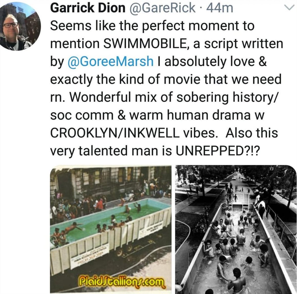 This popped up in my back in the day feed. Nice words from the cool and talented <a href="/GareRick/">Garrick Dion</a> about my 1st feature script #Swimmobile. 

Funny, today I’m wrapping up my NBC Writers Program submission. Also sending out my next feature script. Cool take on rom coms. Still unrepped.