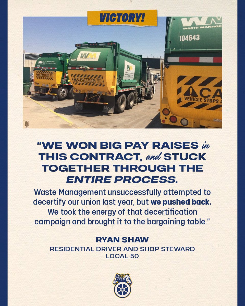 TEAMSTERS LOCAL 50 MEMBERS AT WASTE MANAGEMENT WIN IMMEDIATE 18% PAY INCREASE

Members of Teamsters Local 50 in Swansea, Illinois, have unanimously ratified a new five-year collective bargaining agreement with Waste Management. The contract provides commercial and residential