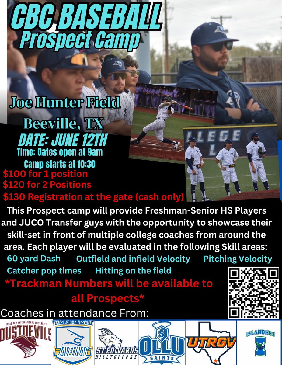 ‼️‼️‼️‼️‼️‼️⚾️⚾️⚾️⚾️ Two weeks away from June 12th, don’t forget to sign up for the CBC prospect Camp! Great opportunity for uncommitted guys to put yourself in front of some great programs! Scan the QR code to get Pre-Registered #DefendtheBend