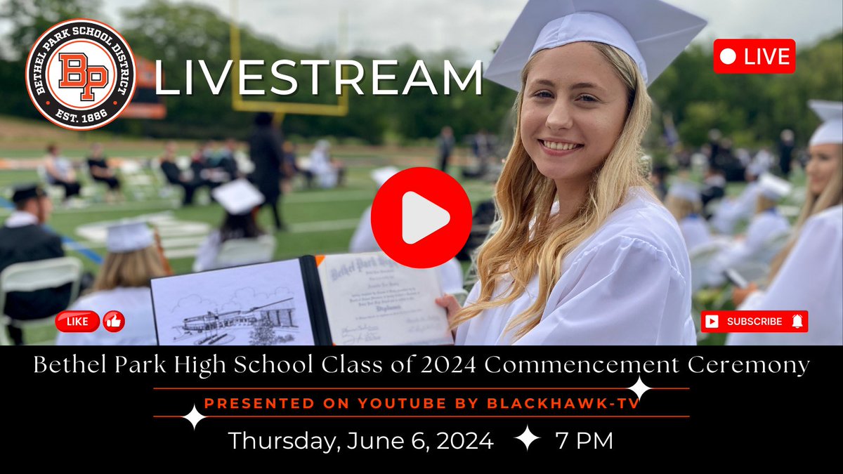 bpsdinfo's tweet photo. If you are unable to attend tonight’s Commencement Ceremony for the Bethel Park High School Class of 2024, you can still watch it live at the URL below. 

https://t.co/Ezn5qONsRQ
#bphs2024 #bpproud #4everahawk https://t.co/TVX5xfbIXr