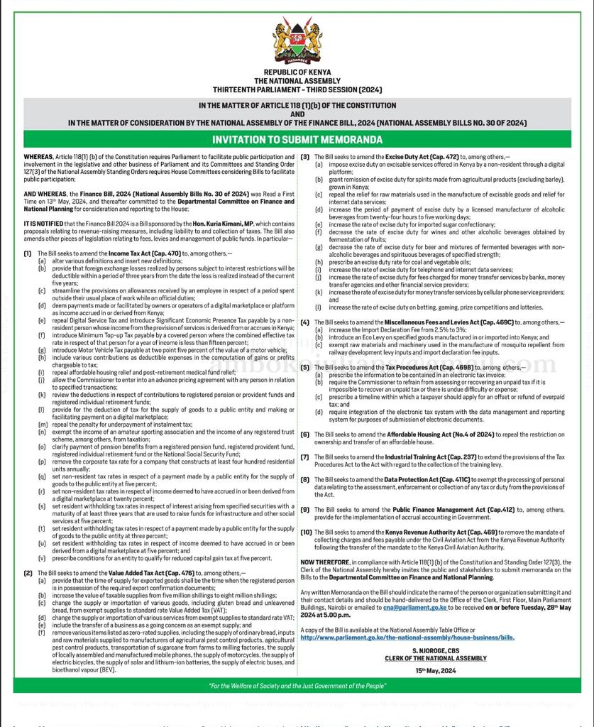 The National Assembly Finance &amp; Planning Committee has today wound up stakeholder submissions regarding Finance Bill 2024. 

What remains now is the Monday 10th June public hearing at KICC &amp; the generation &amp; submission of the Committee's report with the recommendations to the