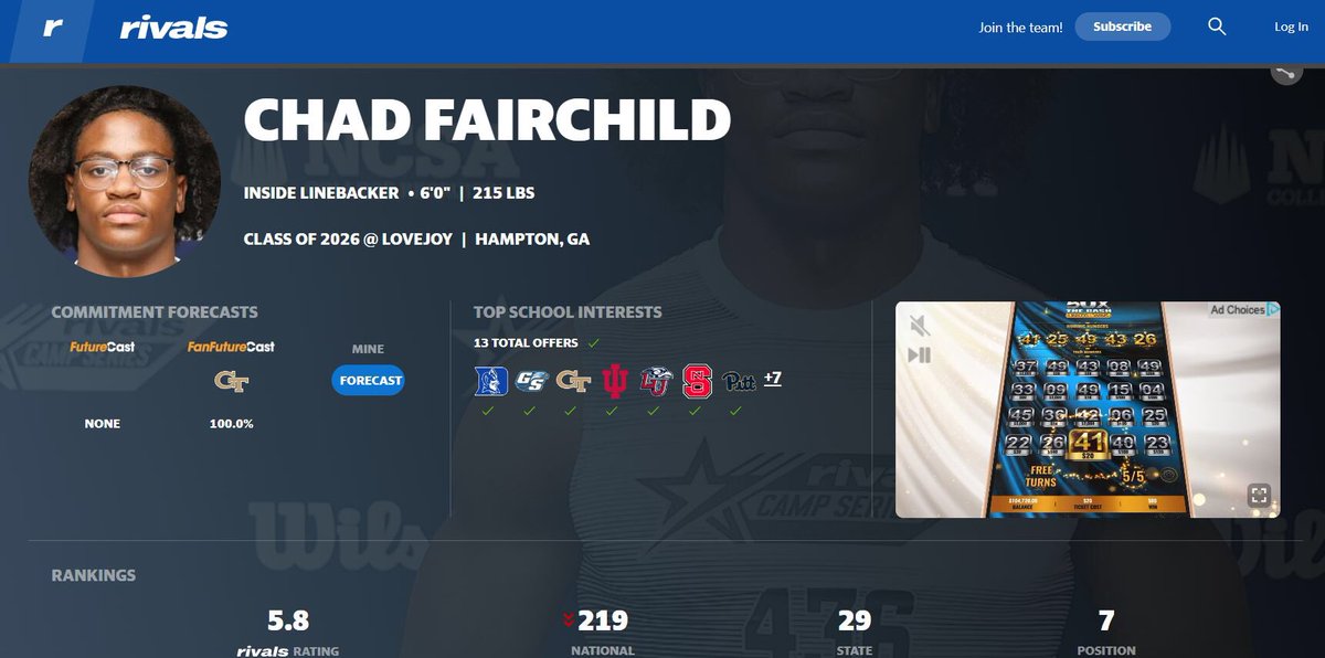 New 2026 Rivals Rankings out. Blessed to be 4 Star and #7 in the nation at my position.🧱x🧱
<a href="/JoyWildcats/">Lovejoy High School (GA) Football</a> 
<a href="/WildcatsLovejoy/">Lovejoy HS Athletics</a> 
<a href="/RecruitGeorgia/">Recruit Georgia</a> 
<a href="/deucerecruiting/">Deuce Recruiting✌️</a> 
<a href="/InsideHashes/">Inside The Hashes</a> 
<a href="/baconnetworkllc/">Bacon Network</a> 
<a href="/BackersNext/">Next Level Backers</a> 
<a href="/najehwilk/">Najeh Wilkins</a> 
@RivalsJohnson 
<a href="/JohnGarcia_Jr/">John Garcia, Jr.</a> 
<a href="/MattDeBary/">Matt DeBary</a> 
<a href="/GregSmithRivals/">Greg Smith</a>