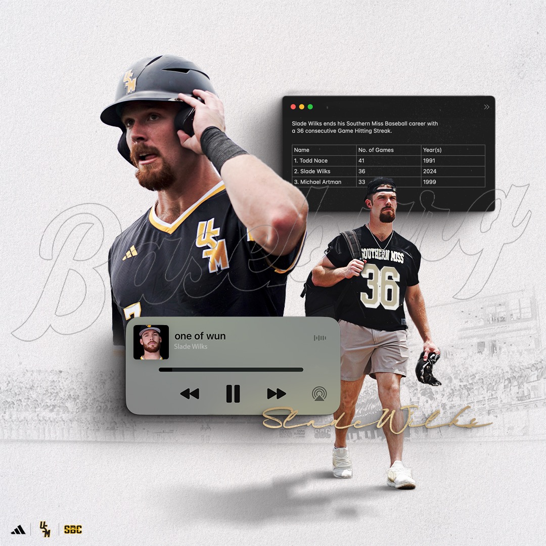 SouthernMissBSB's tweet photo. 𝗦𝗟𝗔𝗗𝗘𝗥'𝗦 𝗚𝗢𝗡𝗡𝗔 𝗦𝗟𝗔𝗗𝗘

The one and only Bunker Hill Bomber finished his Golden Eagle career with the program's second-longest hitting streak: 3⃣6⃣ straight games.

Thanks for everything, Slader 🫡

#EverythingMatters | #SMTTT https://t.co/XHhu13uc5l