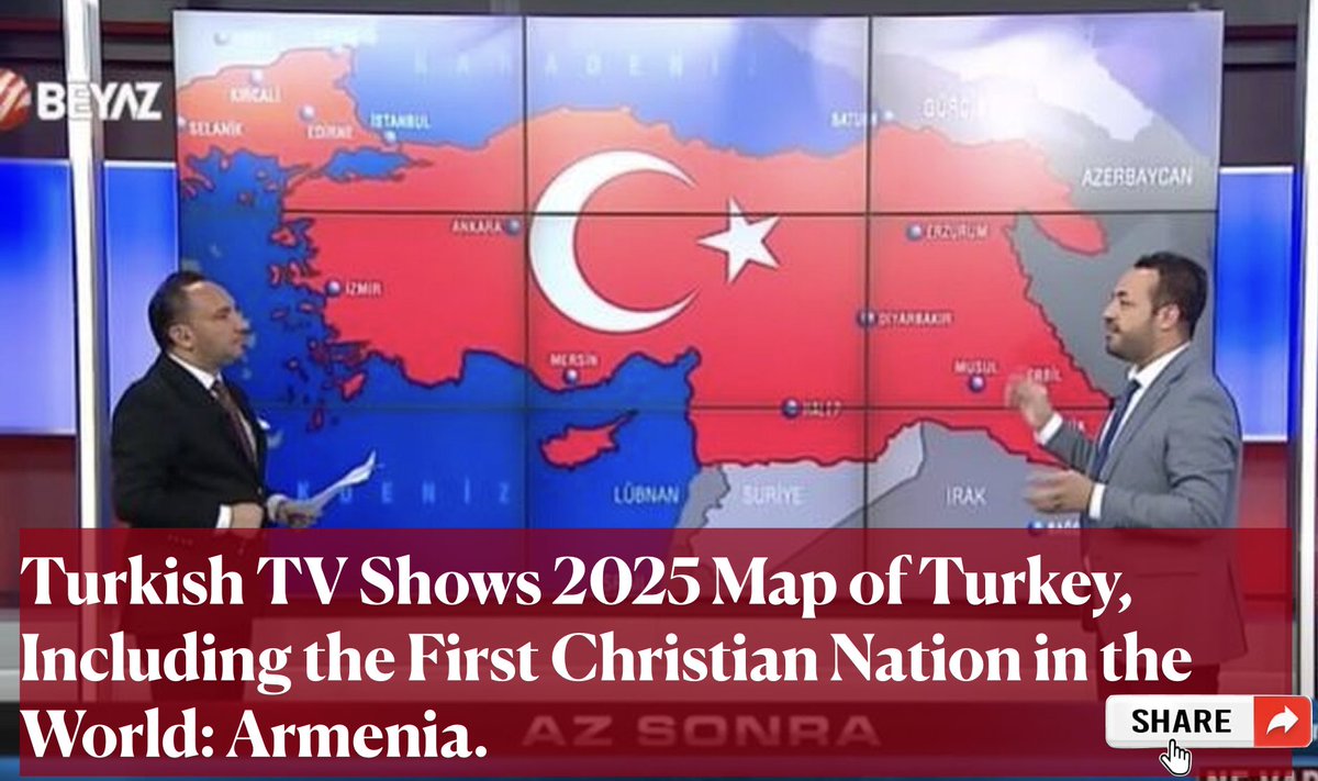Cadvleague's tweet photo. The depiction of a 2025 map of Turkey on Turkish TV shows, which includes Christian Armenia, is deeply troubling. This portrayal seems to be a step toward erasing Christianity from the place where it originated and spread worldwide. It is essential to recognize and preserve the Christian heritage in Armenia, which stands as a testament to the enduring faith and resilience of its people amidst historical adversities. Christians worldwide should stand in solidarity with the first Christian nation and work to safeguard their Christian sisters and brothers, ensuring that their cultural and religious identity remains intact.