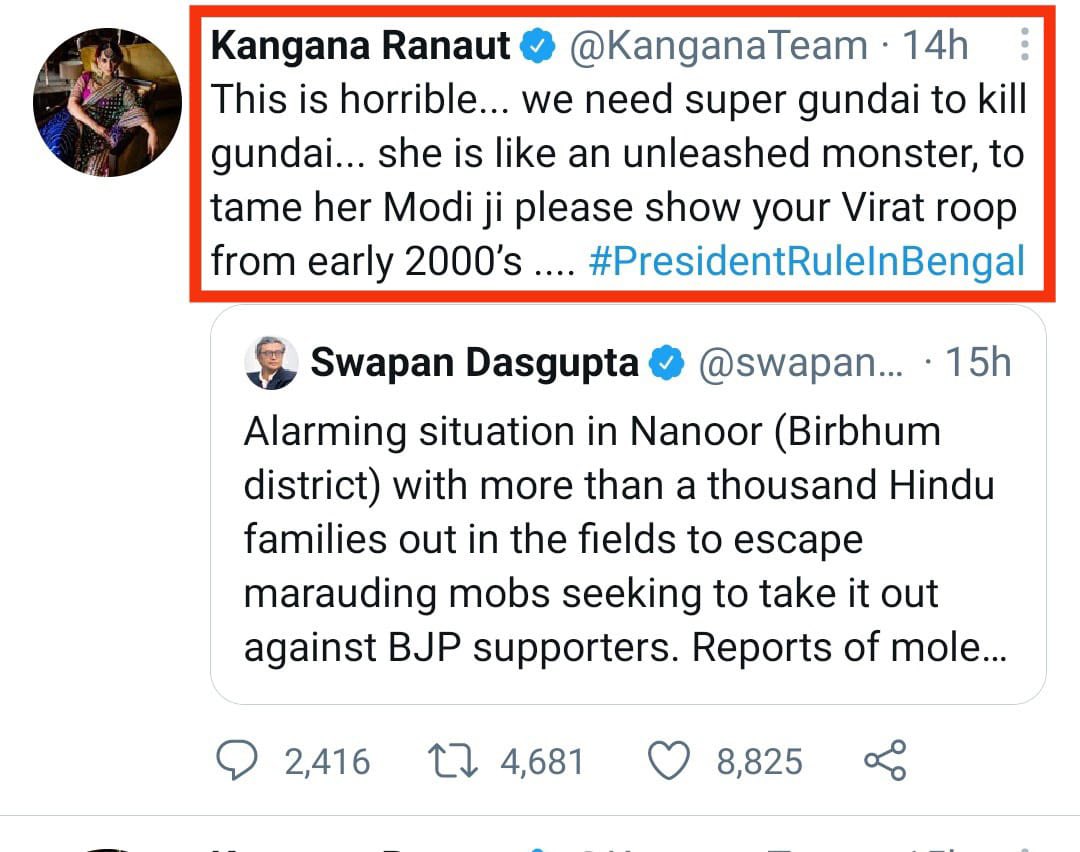 All those giving gyan on the slap should recall, Kangana is the same person who gave this call for genocide.