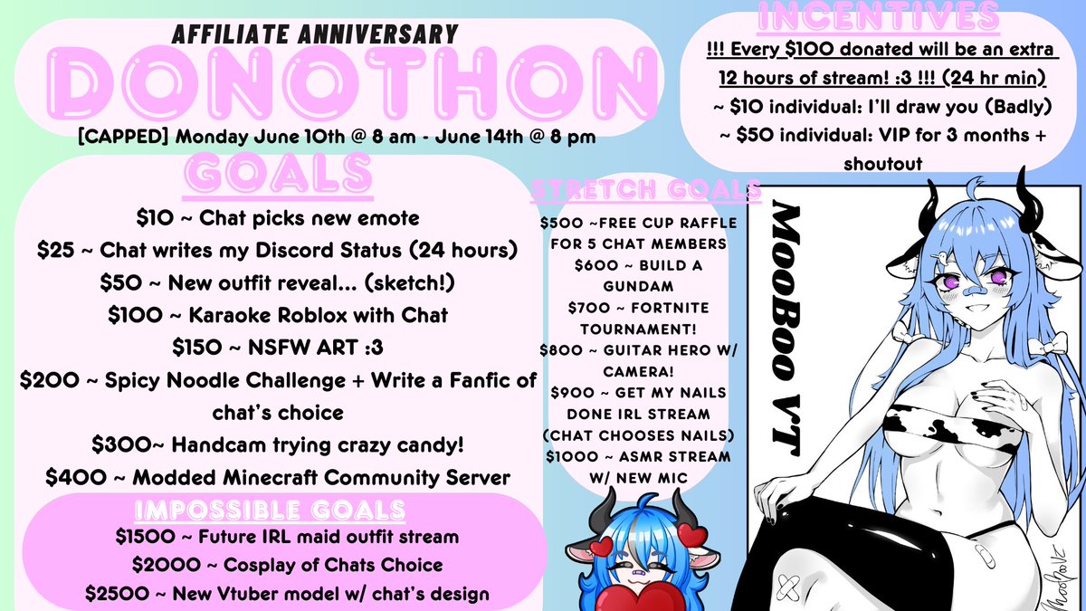 moobooVT's tweet photo. ✨Welcome to... MY FIRST EVER AFFILIATE ANNIVERSARY DONOTHON STARTING MONDAY JUNE 10TH @ 8 AM EST >_< ✨

~💙 24 hour base stream with every $100 donated adds 12 hours 👀
~💚 Many incentives + new goals ‼️
~💙 Lots of fun AND chaos! :3 🎉

🩷💙💚🩷💙💚BE THERE!!!! 🩷💙💚🩷💙💚 https://t.co/uN2FuhydyE